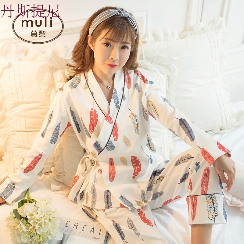 日式和服睡衣女秋纯棉长袖中式古风汉服套装系带可外穿家居服春季