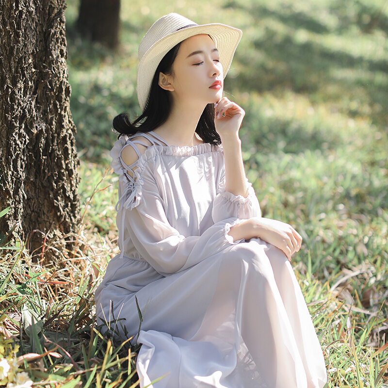 仙女裙chic温柔一字领露肩短袖连衣裙夏季雪纺森系文艺学生长裙子yy灰色长袖及踝