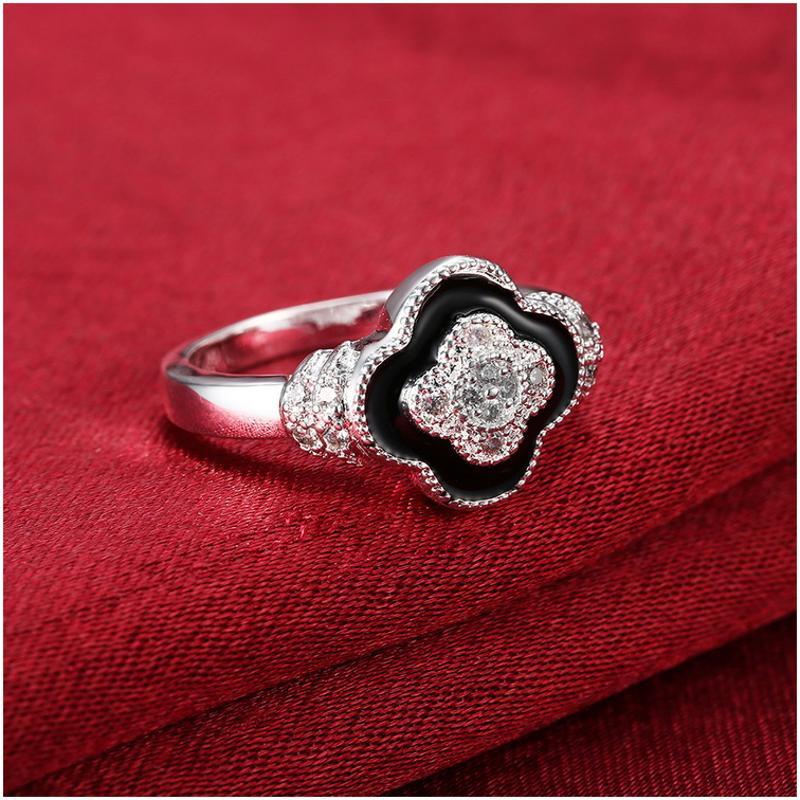 R843Women Silver Rings黑色滴油水晶戒指日韩指环四叶戒子女生送女朋友七夕情人节礼物