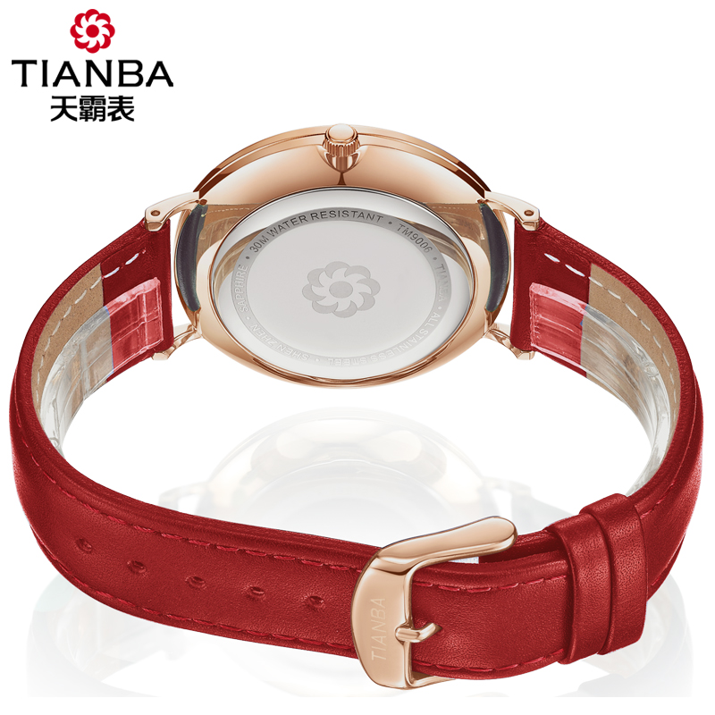 天霸(TIANBA)光能太阳能进口机芯时尚商务休闲腕表女士皮带简约光能表 TL9006.02PE红色高清大图