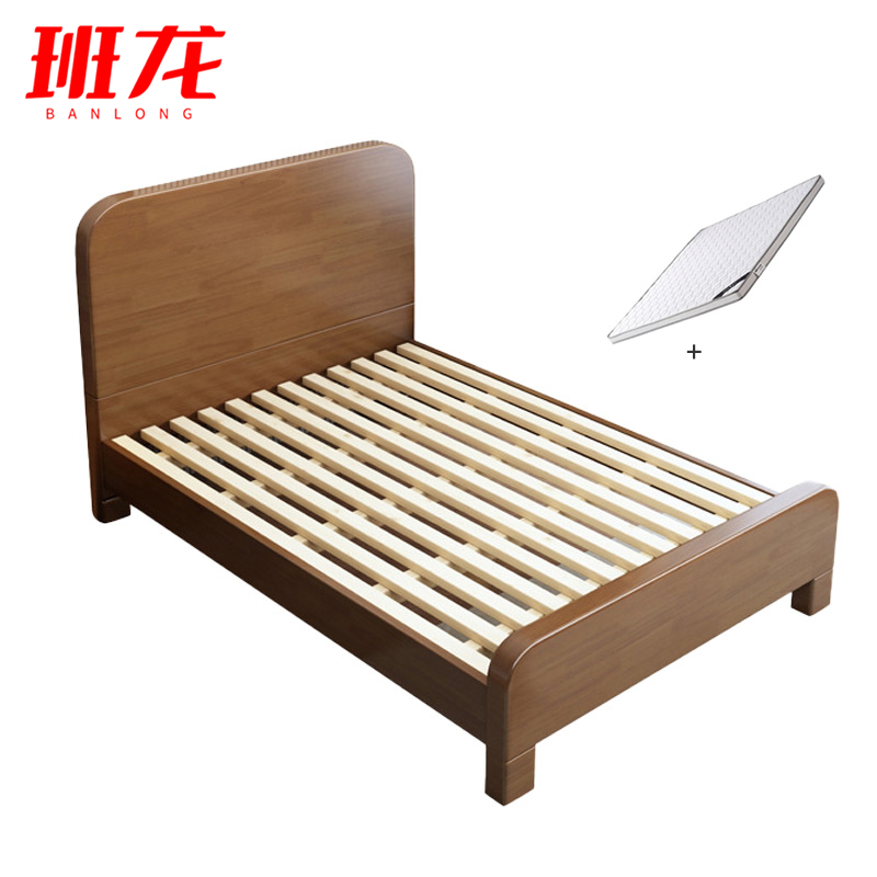 班龙实木床1米+床垫胡桃色套高清大图