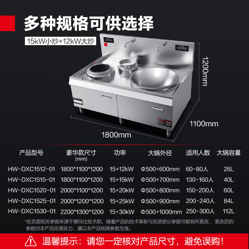 德玛仕(DEMASHI) 凹面电磁大锅灶 食堂酒店厨房设备 小炒加大炒组合灶HW-DXC1512-01[201材质]高清大图