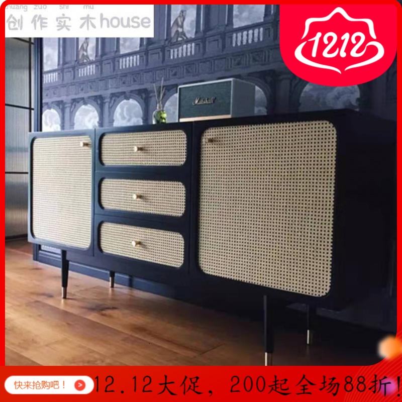 森美人北欧实木藤编酒柜餐边柜带抽鞋柜厅玄关隔断电视柜小户型收纳