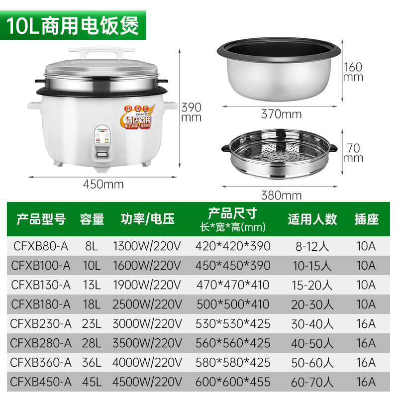 意黛斯(YIDAISI)商用电饭煲 CFXB100-A 10L 含蒸笼款 食堂专用大电饭锅 加厚不粘锅 适用10-15人高清大图