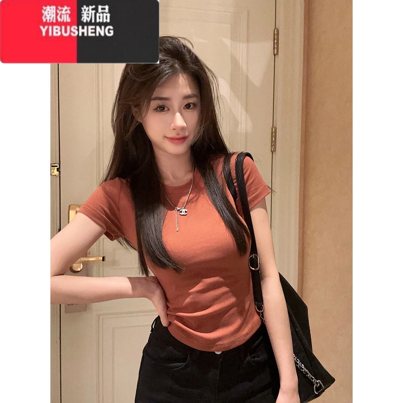 YIBUSHENG白色短袖打底衫内搭t恤女装春季新款修身辣妹短款正肩紧身上衣高清大图