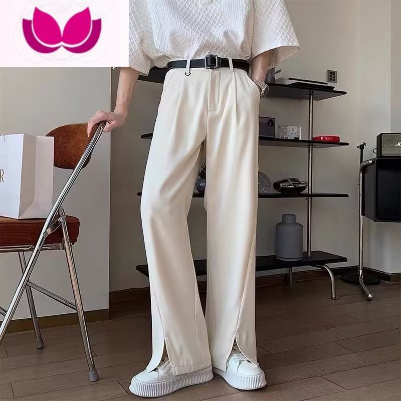 七斓冷淡风男装高级感裤子男轻奢设计感小众开叉西裤款微喇西装裤 卡其色高质量 L