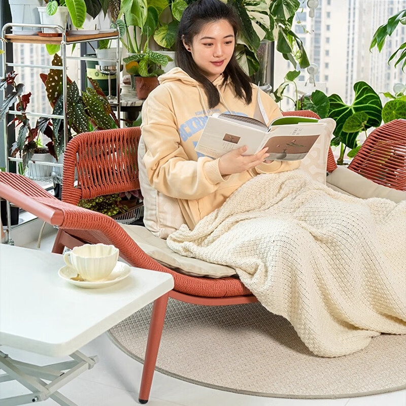 紫叶檀花贵妃椅阳台躺椅藤沙发单人小户型卧室家用简约民宿贵妃榻 贵妃椅-赤陶红