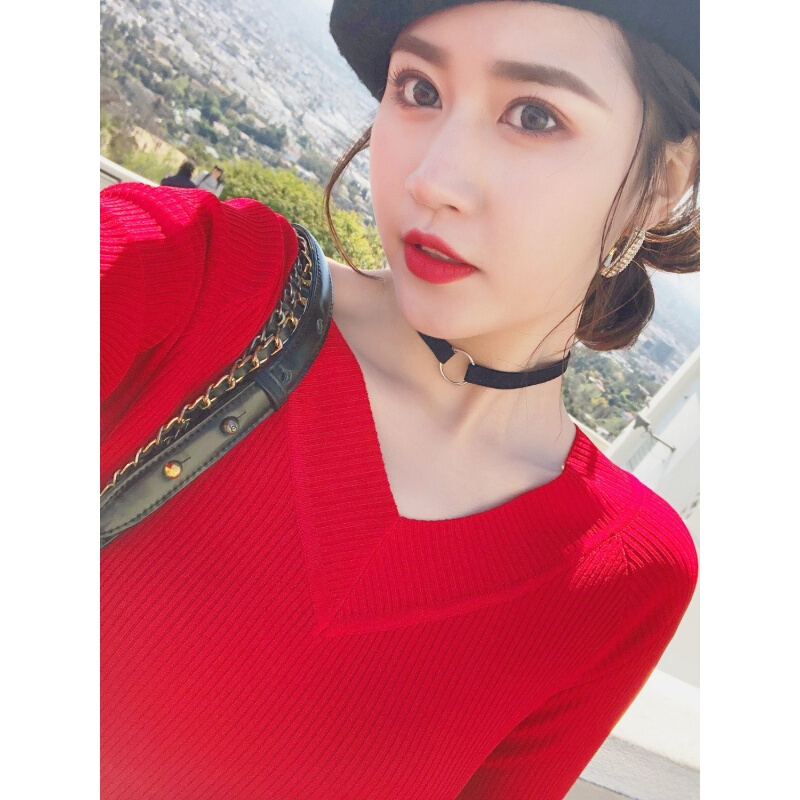 春款上衣女2018新款打底衫韩版百搭修身V领针织上衣七分袖T恤女红色均码