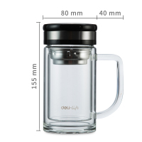 得力 8989 双层隔热玻璃杯 商务手柄茶杯320ml
