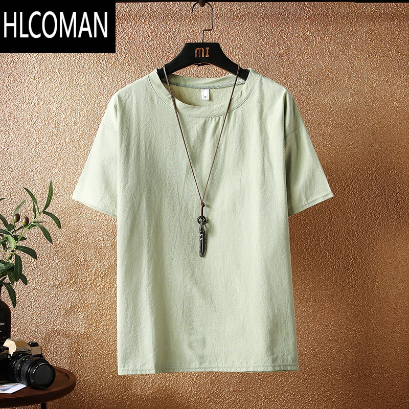 coman亚麻短袖男士夏季薄款休闲棉麻t恤宽松半袖潮流大码纯白色打底衫