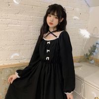 法式复古方领花边小黑裙日系软妹可爱蝴蝶结收腰长袖桔梗连衣裙女串得起