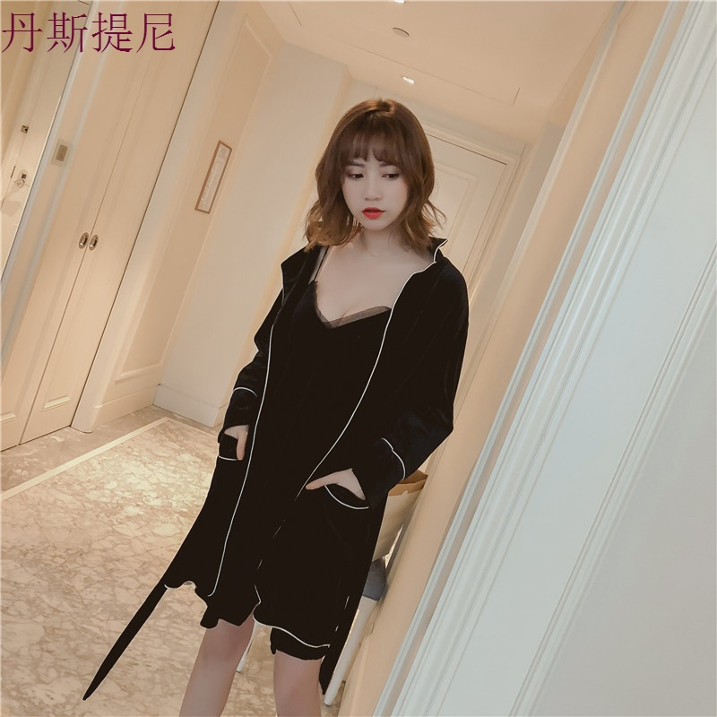 韩版性感带睡裙睡袍两件套开叉短裙金丝绒情睡衣家居服女秋冬