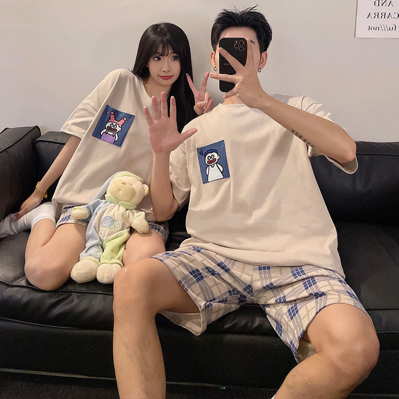 情侣秋冬季卡通套头睡衣短袖短裤女宽松休闲男士家居服可外穿套装高清大图