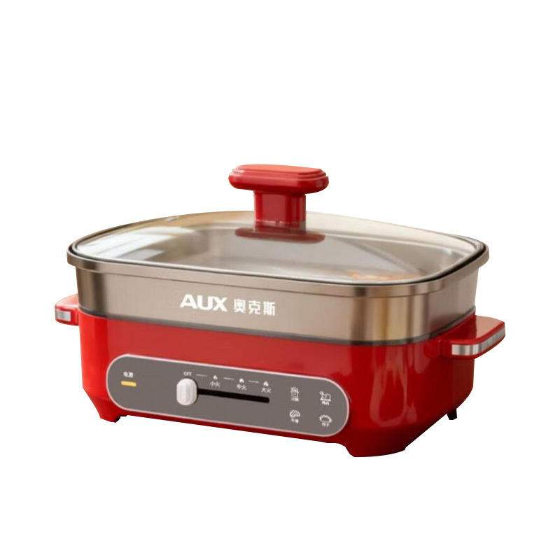 奥克斯电火锅4L红色AKP-30A39-KP多功能一体式火锅煎炒烹煮不粘