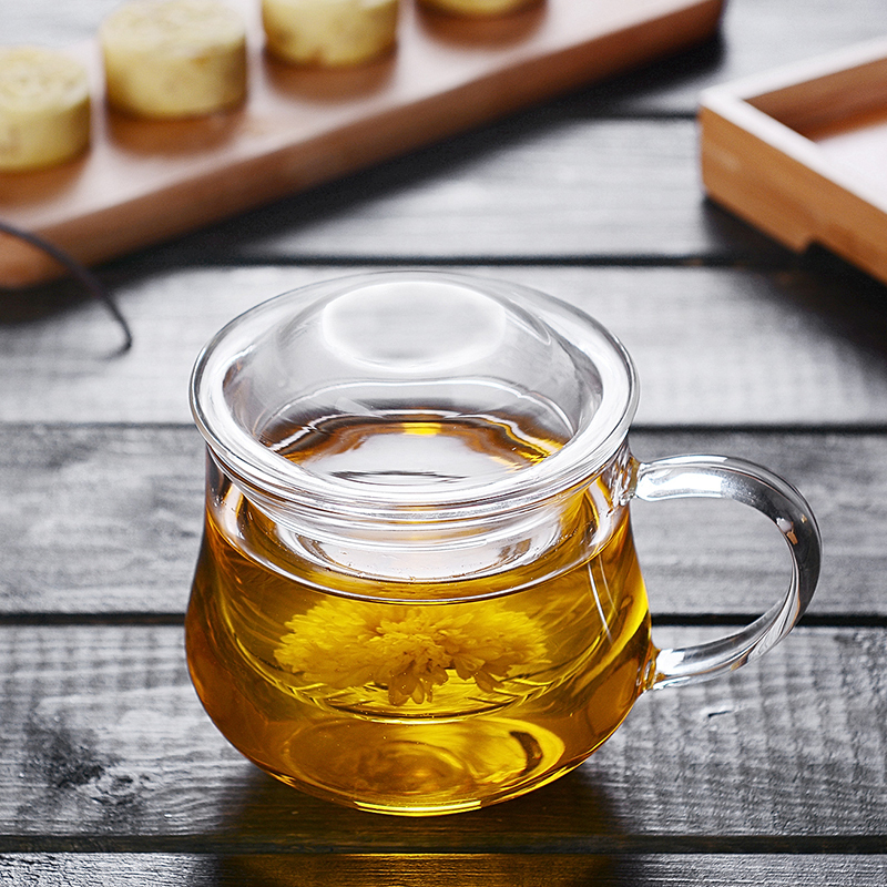 青苹果高硼耐热玻璃杯 办公室茶杯杯茶水分离泡茶杯带把盖花茶杯家用杯子 情侣杯过滤透明花茶杯玻璃水杯