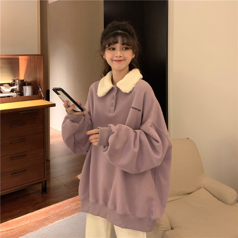 加绒卫衣女秋冬百搭2020新款韩版仿羊羔毛宽松加厚上衣ins潮外套