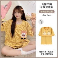 夏季带胸垫女睡衣短袖短裤套装卡通可爱休闲圆领家居服套装可外穿 女M A3502【带胸垫】