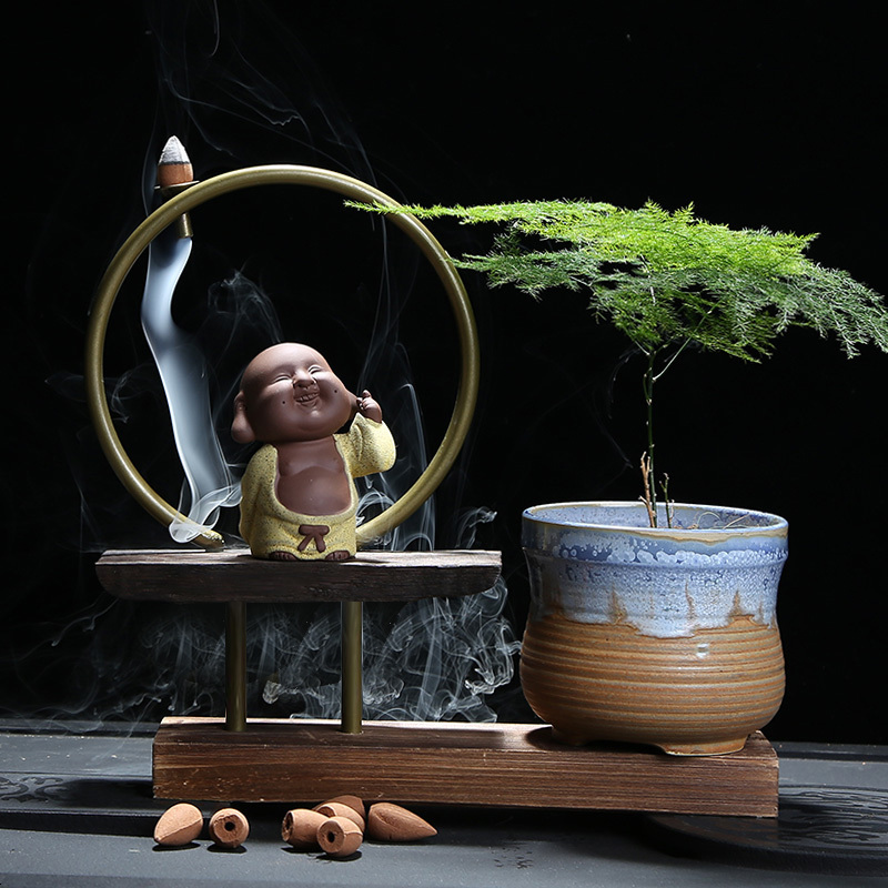 多肉紫砂茶宠摆件精品 可养桌面迷你小和尚禅意迷你茶宠倒流香炉