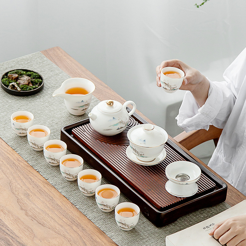 金镶玉 羊脂玉瓷功夫茶具套装 家用陶瓷白瓷茶壶盖碗喝茶套组送礼礼盒装 山水情缘茶具套装