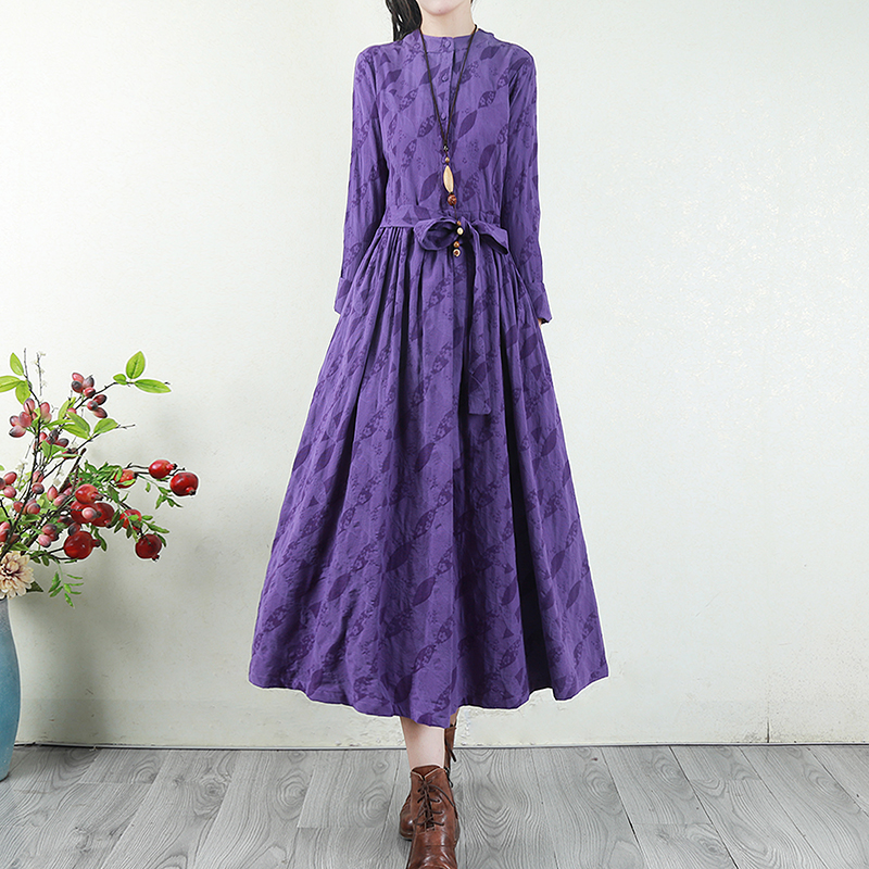 语娄复古文艺棉麻连衣裙春季刺绣长裙子麻料系带长款大摆裙宽松森女系