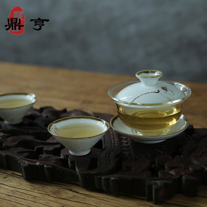 鼎亨茶具耐热玻璃陶瓷盖碗茶杯 景德镇手绘祭蓝锤纹三才杯 泡茶碗