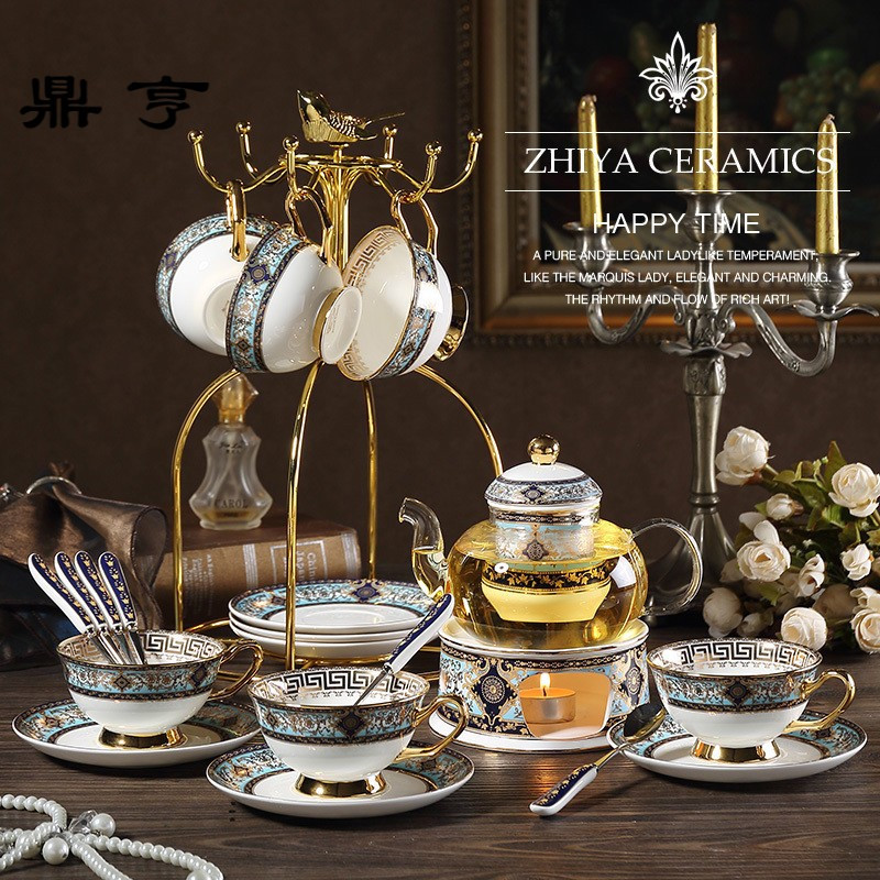 鼎亨波西米蓝花茶壶套装玻璃煮水果茶壶家用蜡烛加热下午茶具带过