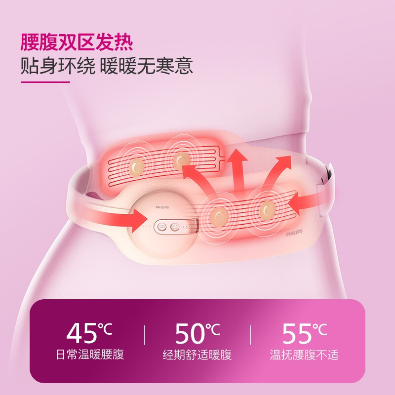 飞利浦(Philips) 腰部按摩器 痛经月经 无线热敷多功能腰带 大姨妈神器按摩仪 暖宫带 3201B 粉色苏宁自营