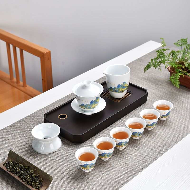 羊脂玉千里江山德化功夫茶具套装整套家用客厅盖碗茶杯办公室送礼 千里江山红色礼盒
