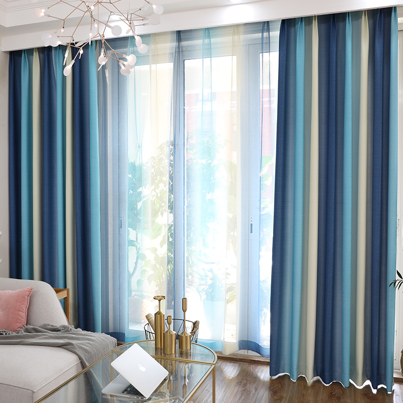 地中海风格窗帘新款北欧简约客厅卧室飘窗条纹小清新遮光定制 条纹麻深蓝色渐变【定制不退换】 宽2.5米高2.7米【挂钩加工】