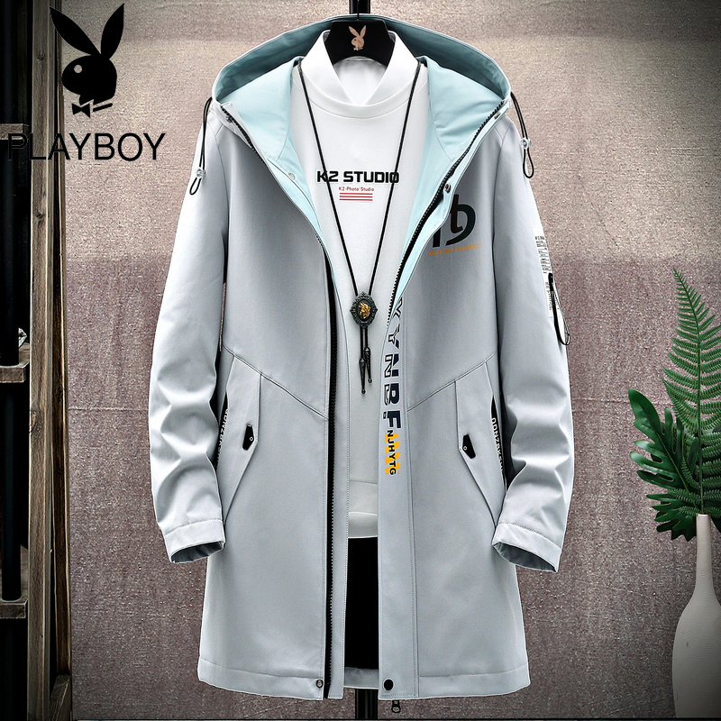 花花公子男士夹克中长款风衣2021新款韩版潮流连帽外套休闲上衣服 U374浅灰色 180
