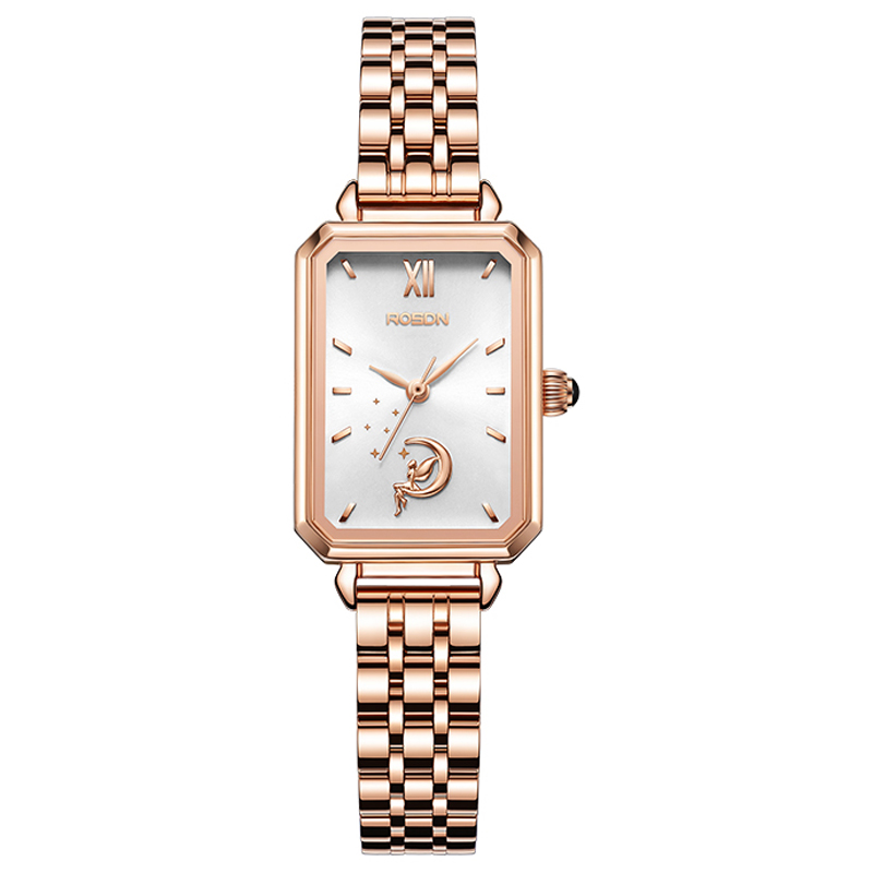 劳士顿(rosdn)新品手表女时尚小方盘简约气质女生玫瑰金钢带石英防水