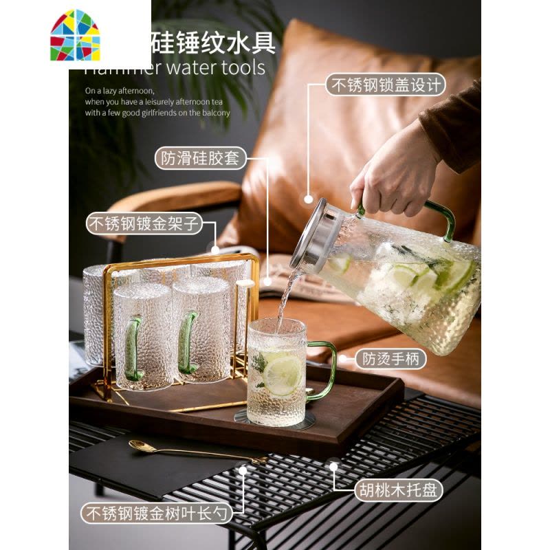 北欧轻奢水杯套装杯具家用喝水玻璃杯子客厅茶具茶杯冷水壶带托盘 FENGHOU 祖母绿水具-水杯勺x4凉水壶图片