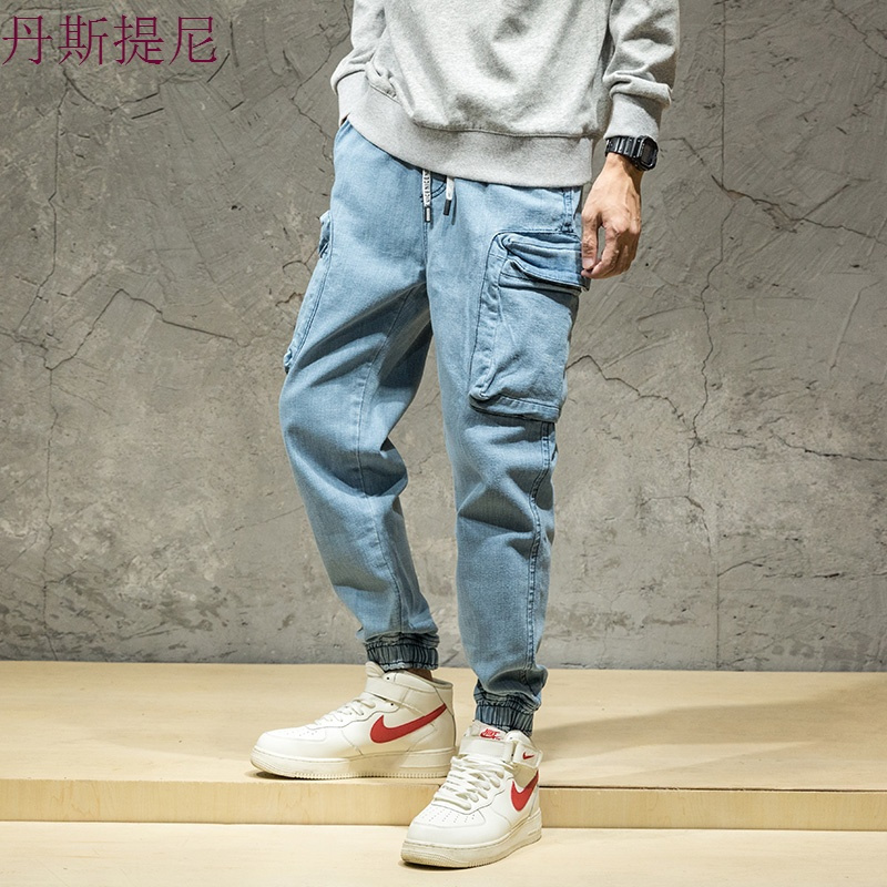 牛仔裤男宽松大码潮牌休闲束脚工装裤秋季个性嘻哈小脚哈伦长裤子