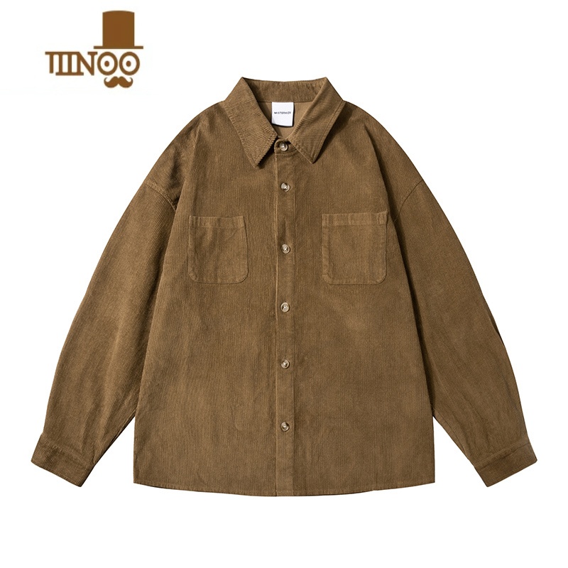 YANXUE2023秋季新款男长袖衬衫无弹日系复古纯色百搭休闲学生衬衣高清大图