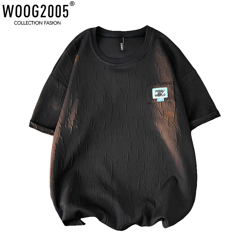 WOOG2005浮雕华夫格t恤oversize白色短袖男夏季ins潮开叉体恤半袖