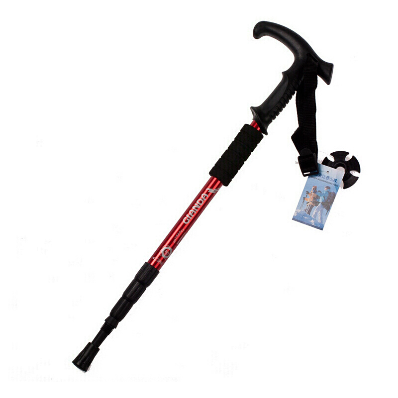 【新品】登山杖 四节越野跑手杖 t型手柄减震伸缩防身健走杖 徒步行走拐杖 儿童老人户外爬山杖
