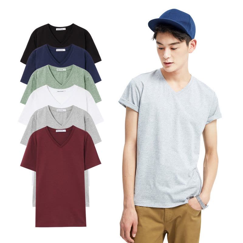[49任选3件]美特斯邦威短袖T恤男士舒适纯色V领半袖打底衫韩版学生体恤男潮流图片