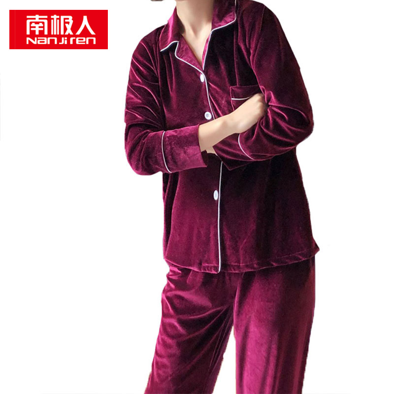 南极人金丝绒情侣家居服套装 女士 酒红色 M码高清大图