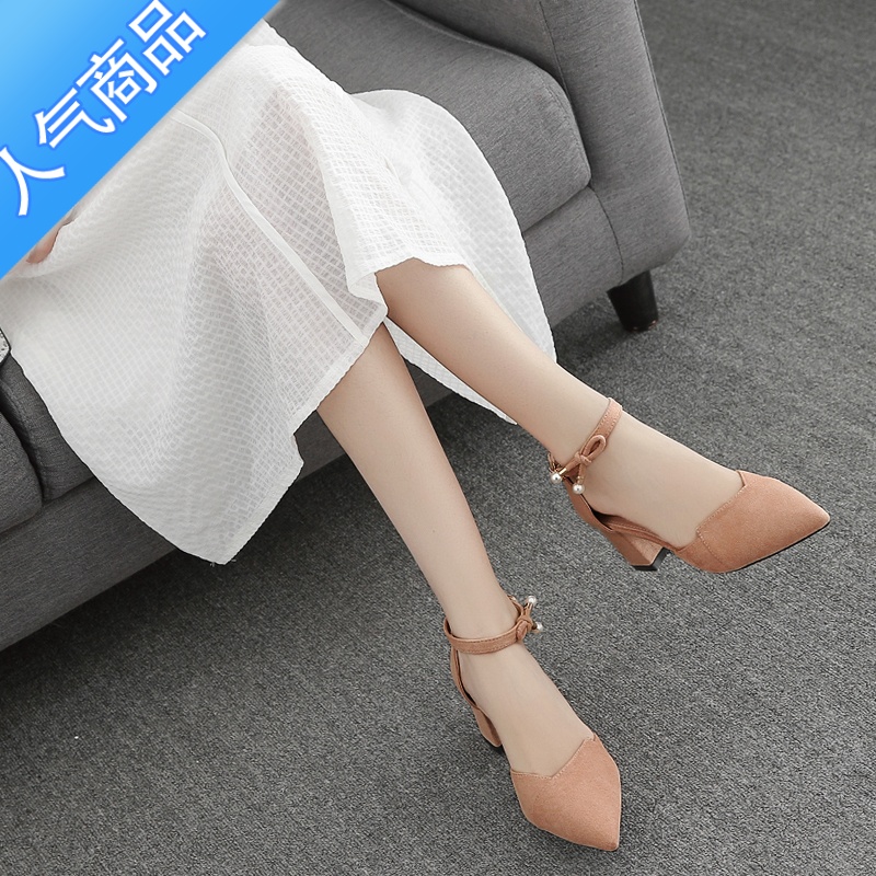 SUNTEK包头凉鞋女夏一字带蝴蝶结女鞋高跟仙女温柔小众单鞋尖头粗跟3233高清大图