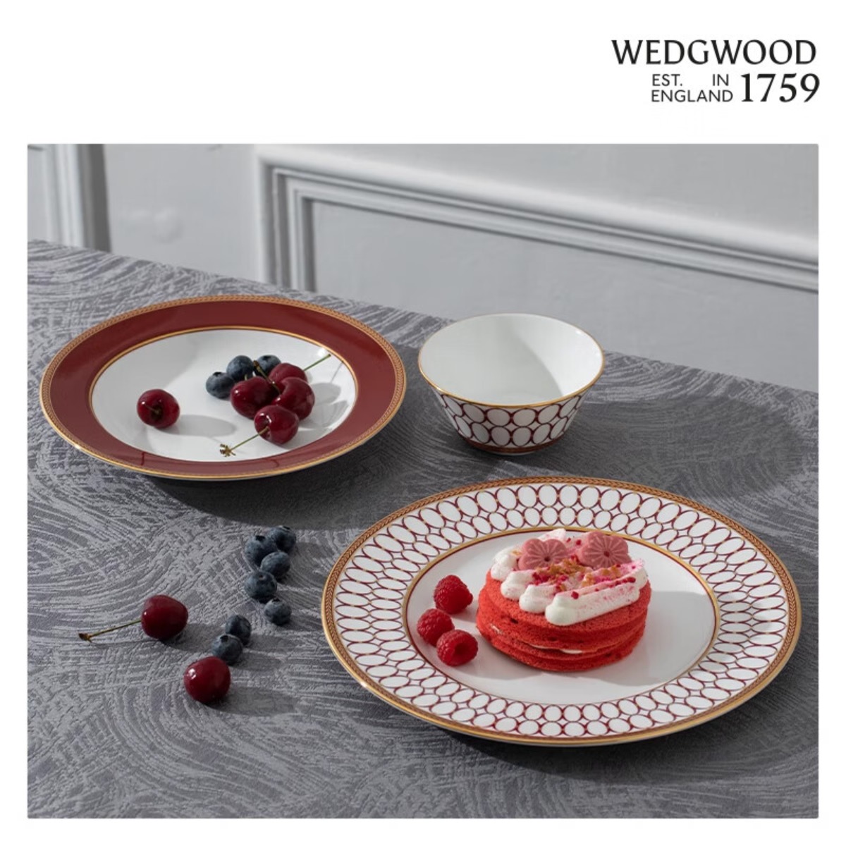 WEDGWOOD 10640933PCS金粉年华鎏金红一人食2盘1碗餐具套组高清大图