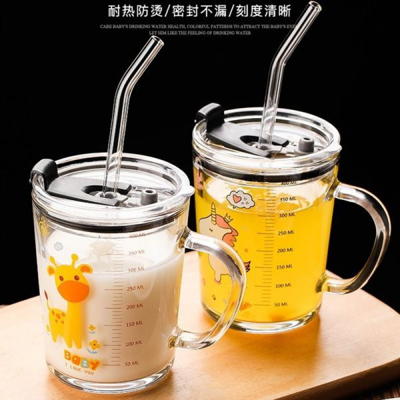 [品牌优选]家用儿童冲牛奶杯带刻度杯子带把宝宝早餐吸管玻璃水杯带盖泡奶粉吉祥鹤 杯子+盖子+玻璃吸管 独角兽