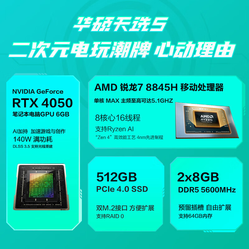 华硕(ASUS)天选5 2024款 (锐龙R7-8845H 64G 1TB RTX4050 2.5K 165Hz 灰色 定制)15.6英寸独显直连电竞屏游戏本笔记本电脑