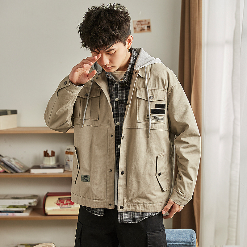 25折价149元唐狮春秋新款工装外套男连帽韩版潮流港风男夹克宽松休闲