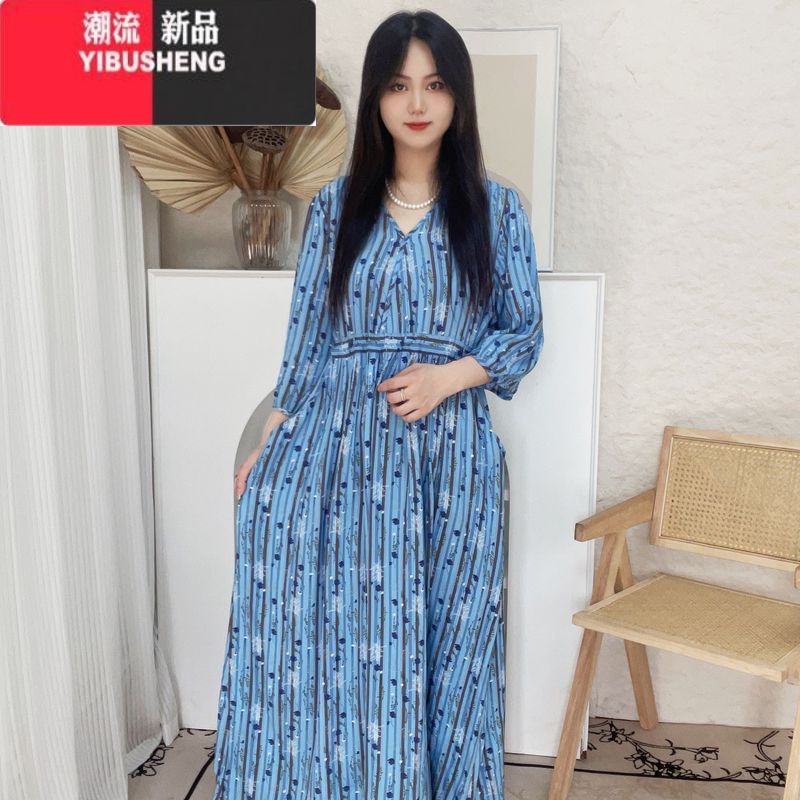 YIBUSHENG棉绸中袖女日收腰薄款碎花V领大摆人造棉度假沙滩长裙子 12夏日物语中袖抽绳款 135推荐身高160-165