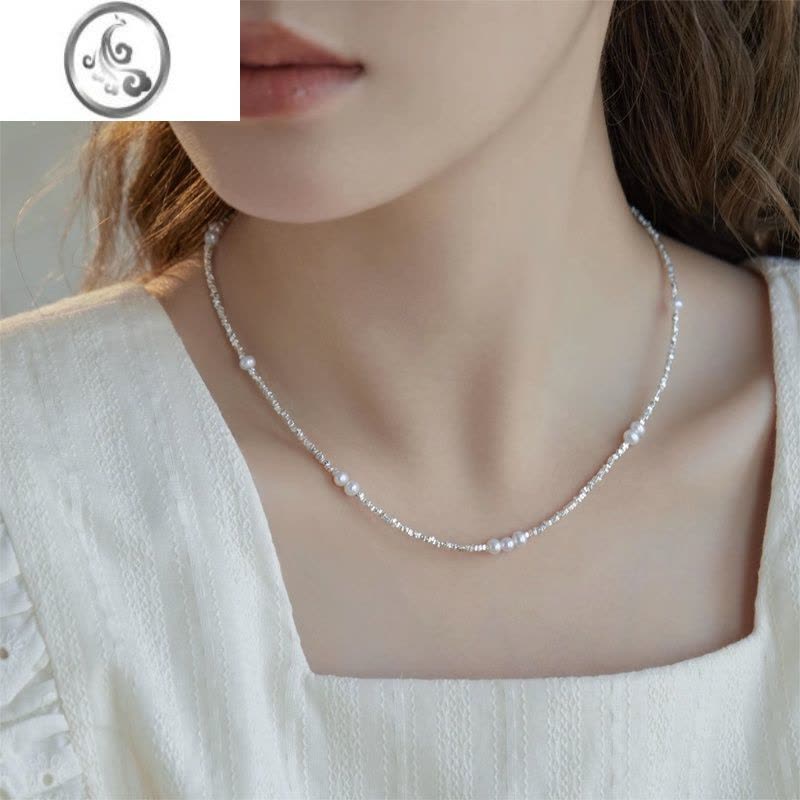 JiMi碎银几两珍珠项链女冷淡风小众设计感高级锁骨链时尚轻奢银银颈链图片