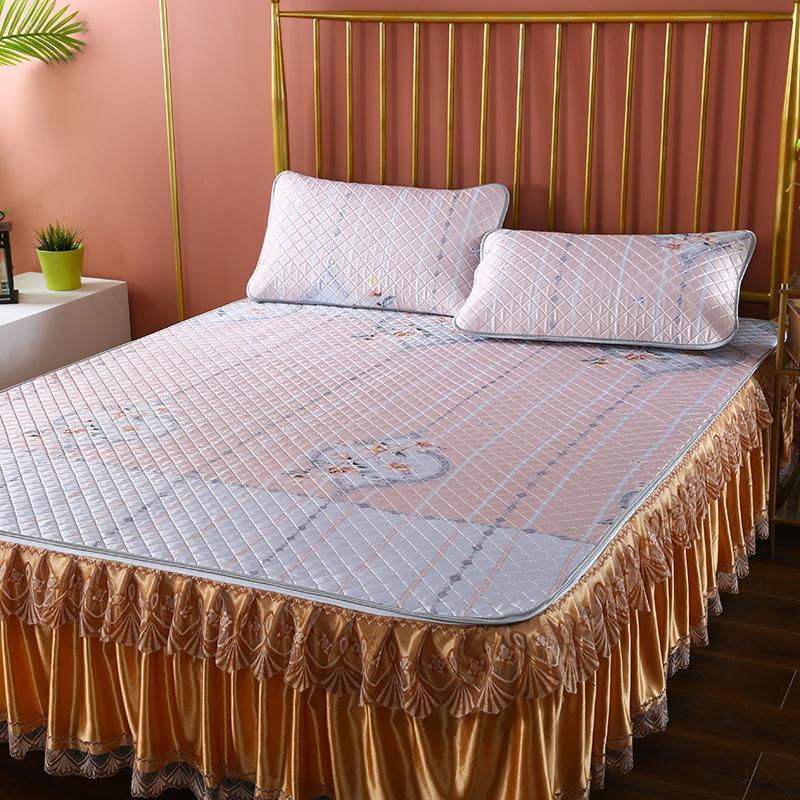 美帮汇冰丝凉席三件套欧式夹棉床裙款可水洗折叠蕾丝床罩防滑空调软席子 花开流年 1.5m（5英尺）床