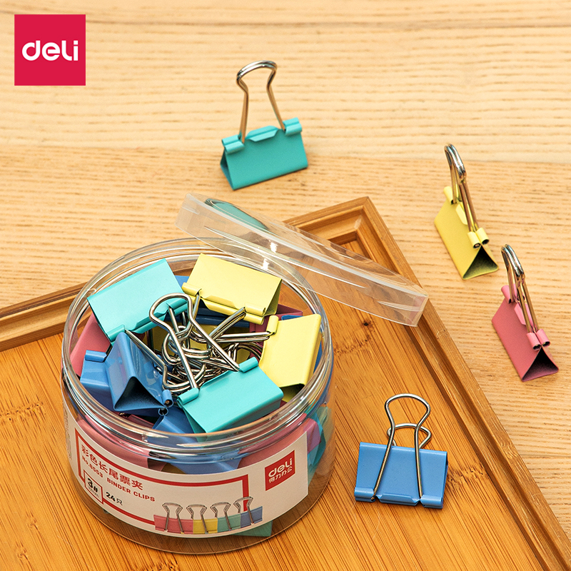 得力24只32mm彩色长尾夹票夹 3#中号金属燕尾夹票据文件夹办公 24只/筒 8553