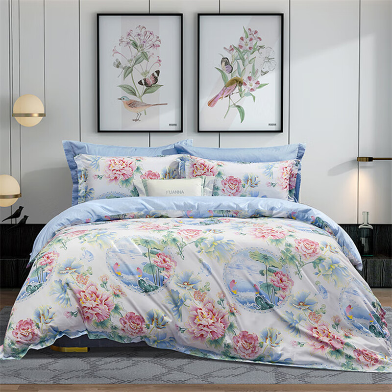 富安娜 磨毛抗菌四件套 被套+床单+枕套*2 203*229cm 江南芙蕖