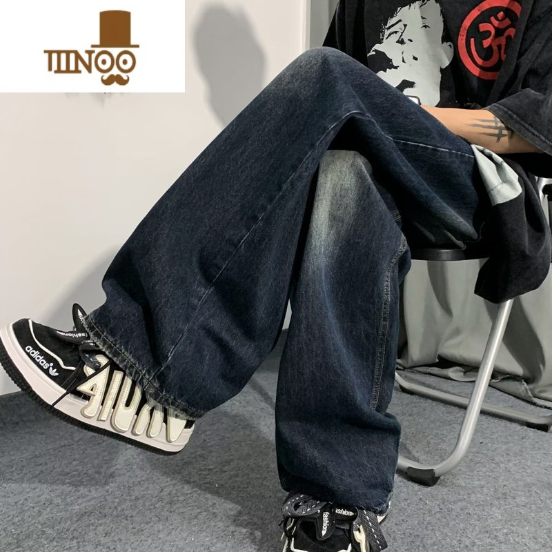 YANXU水洗做旧牛仔裤男款美式高街复古宽松阔腿裤痞帅街头垂感休闲长裤高清大图