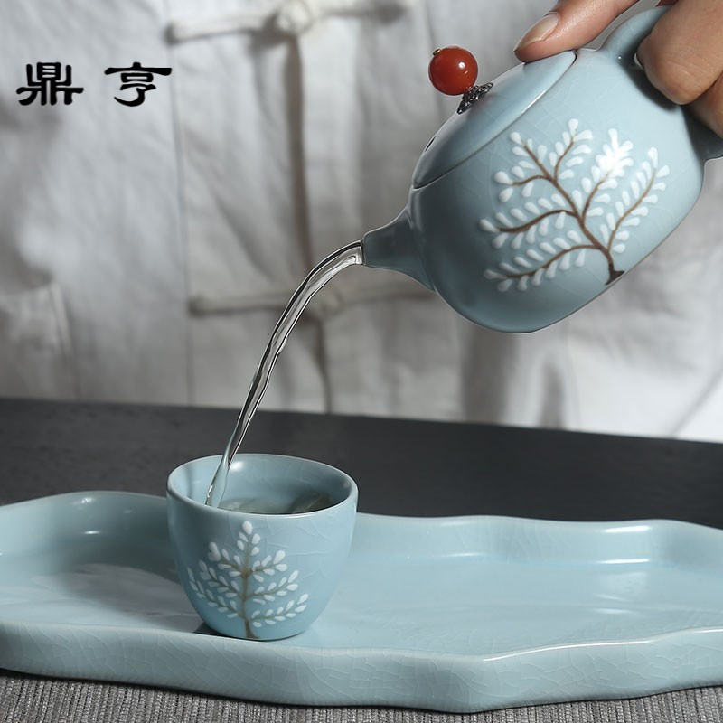 鼎亨陶瓷汝窑茶壶一壶二杯纯手工菩提树整套功夫茶具茶盘套装礼盒